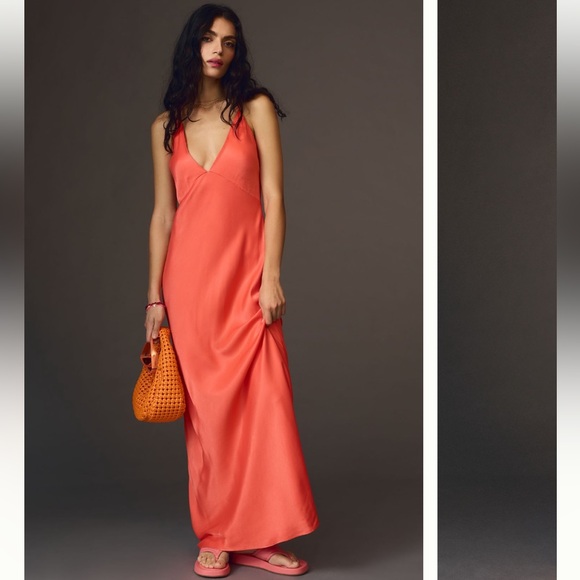NWT Anthropologie Plunge Deep V-Neck Orange Satin Slip Maxi Dress Gown - Picture 1 of 5